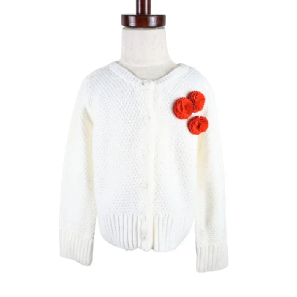 Girl's White Button Up Sweater 4 Waffle Knit Pattern.Orange Pom Pom Flowers